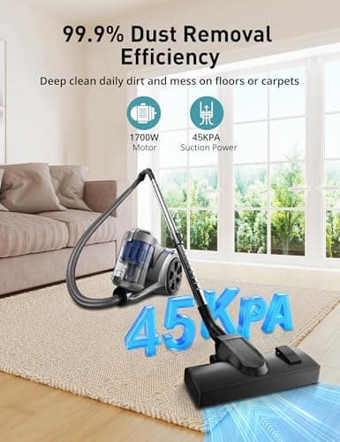 Aspiron 1700W Canister Vacuum Cleaner, 45Kpa Bagless Vacuum Cleaner