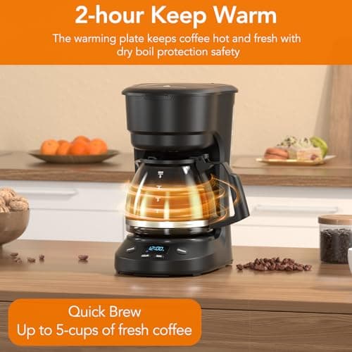 Electactic 5-Cup Drip Coffee Maker, a compact coffee machine with a digital clock and 24-hour programmable timer, featuring Auto Shut-Off, and a Removable Filter Basket for Home & Office-Deep Black — view 3