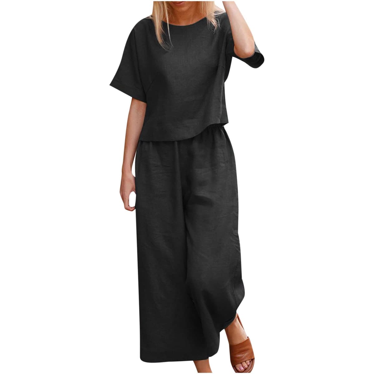 Womens 2 Piece Outfits Summer Linen Sets Short Sleeve V Neck Cropped Top Wide Leg Capris Pants Beach Lounge Sets — view 13
