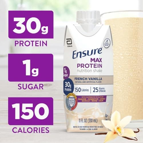 Ensure Max Protein Shake | French Vanilla | Ready to Drink | 30g Protein for Muscle Health | 1g Sugar, 4g Fiber | 11 fl oz, 12 Pack