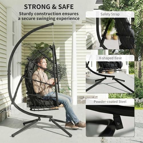 Outsunny Hanging Egg Chair with Stand, Foldable Wicker Rattan Swing Chair with Thick Cushion and Safety Rope for Patio Garden, Supports 264 lbs, Black — view 5