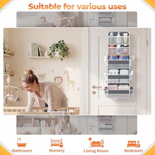 SpaceHacks 5-Tier Over the Door Organizer with Mesh Pockets, Baby Nursery Storage for Closet, Bathroom and Bedroom, Adjustable Hanging Closet Organizer for Cosmetics, Books and Essentials (Dark Grey) — view 6