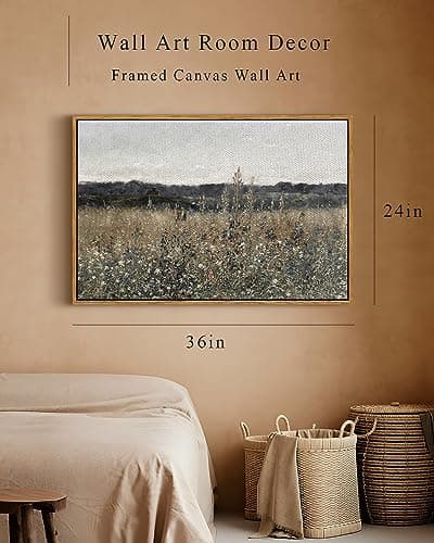 InSimSea Framed Landscape Canvas Wall Art | Meadow with Flowers Vintage Wall Art Prints Decor | Modern Farmhouse Decor | Cottagecore Bedroom Bathroom Office Decor 24x36inch — view 4