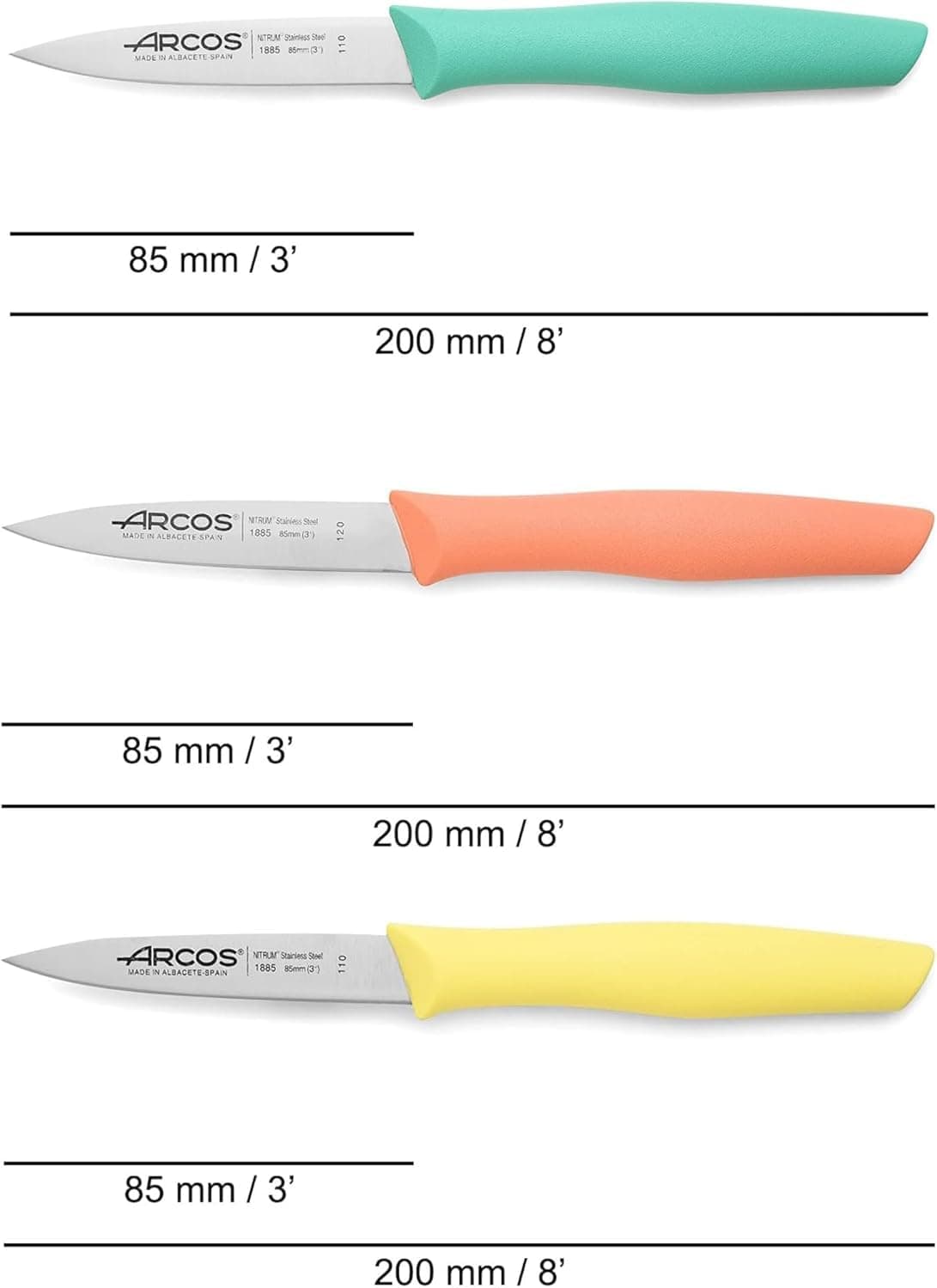 Arcos Set Cuchillos Mondadores. 3 Piezas Acero Inoxidable. Cuchillos Cocina Peladores Multicolor para Pelar Frutas y Verduras. Mango Ergonómico Polipropileno. Serie Nova. Naranja, Amarillo y Azul. — view 2