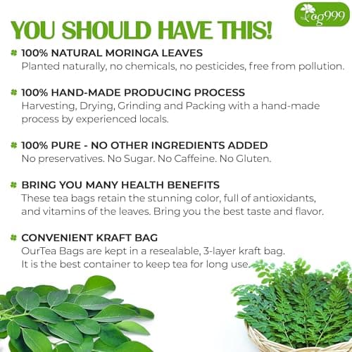 TOG999, Premium 30 Moringa Leaf Tea Bags, 100% Natural & Pure. Loose Leaf Moringa Herbal Tea. No Sugar, No Caffeine, No Gluten, Vegan. — view 2