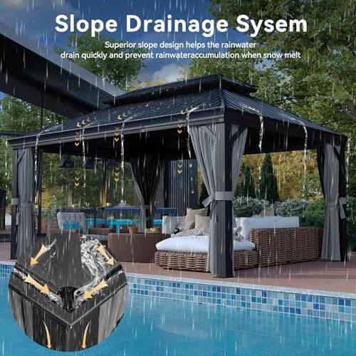 Aoxun 12' X 16' Hardtop Gazebo with Drainage System, Aluminum Outdoor Gazebo with Galvanized Steel Double Roof, Patio Permanent Metal Pavilion with Netting, for Garden, Deckyard, Grey — view 3