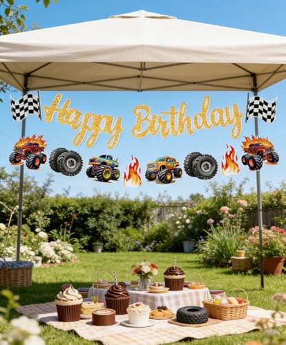 Monster Truck Happy Birthday Banner Racing Truck Party Wall Sign Decor — view 5
