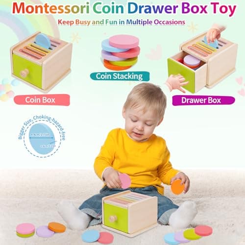FCSONU Toddlers Montessori Coin Box Toys for 1 2 3 Year Old, Wooden Baby Toys for Toddlers 1-3, Color Sorting & Stacking Sensory Toys for Ages 2-4 Kids, Easter Birthday for Boys Girls