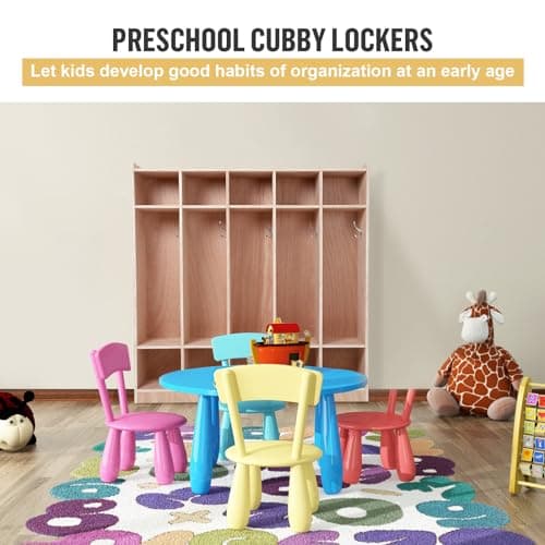 5-Section Classroom Coat Locker, Cubby Storage Organizer with 4 Casters, 5 Hooks & 2 Storage Boxes, Heavy-Duty Plywood Daycare Furniture for Preschool & Kids Entryway — view 3