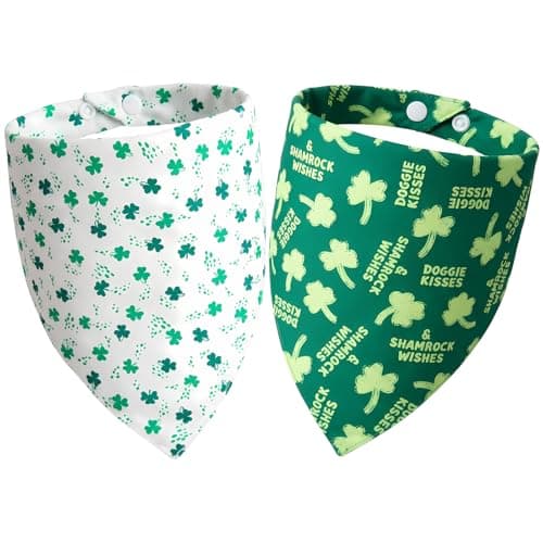 Dimidium 2-Pack St Patricks Day Dog Bandanas Set - Doggie Kisses Shamrock Wishes & Mini 3-Leaf Shamrock Print, Adjustable Snap Button Irish Holiday Scarf for Medium & Large Breeds(15-40kg)