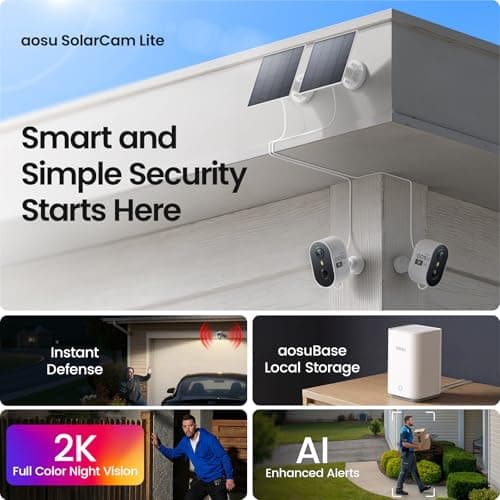 aosu Outdoor Security Cameras Wireless Home Surveillance System, Solar Powered, Cross-Cam Tracking, True 2K HD Night Vision, Spotlight, Motion Alert, No Subscription Required, Easy Setup, 6-Cam-Kit