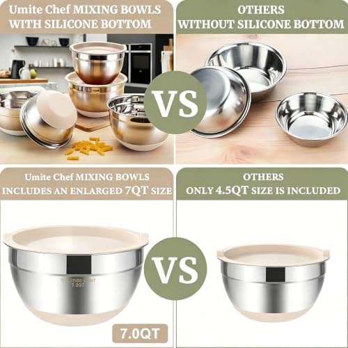Umite Chef Mixing Bowls with Airtight Lids 6 Piece Stainless Steel Metal Nesting Storage Bowls, Non-Slip Bottoms Size 7, 3.5, 2.5, 2.0,1.5, 1QT, Great for Mixing & Serving (Khaki}