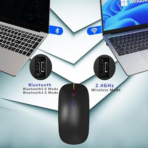 WREANU Wireless Bluetooth Mouse Rechargeable Laptop Mice with LED Lights Silent Slim Use(BT5.2 and 2.4G Portable USB) Dual Mode Computer Mouse for Laptop/iPad/Tablet/Apple/Computer/Mac (Black) — view 2