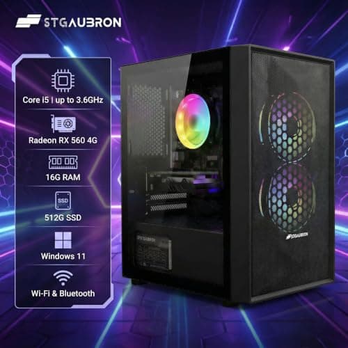 STGAubron Prebuilt Gaming PC Desktop, Radeon RX 560 4G, Intel Core i5 up to 3.6GHz, 16G RAM, 512G SSD, WiFi 6, BT 5.0, RGB Fan x2, Windows 11 Home