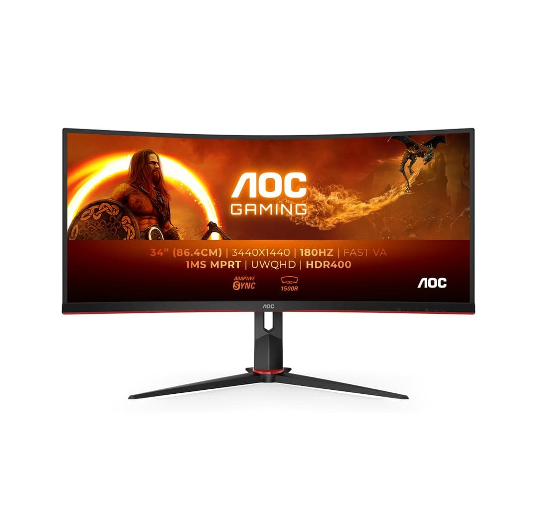 AOC CU34G2XPD/BK 34 inch UW-QHD Gaming Monitor Curved, 180Hz, Fast VA Panel, 1ms MPRT, Adaptive Sync, HDR400, FreeSync Premium, (3440x1440 HDMI 2x 2.0 DP 2x 1.4 USB Hub) Black/Red — view 2