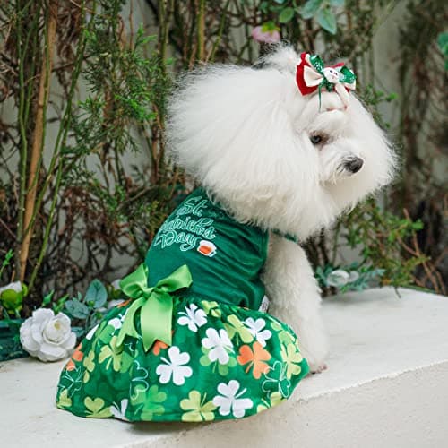 CuteBone St.Patrick's Day Dog Green Dress Velvet for Small Dogs Girl Puppy Dresses Clover Dog Clothes — view 5