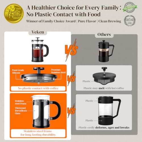 Veken French Press Coffee Maker 21oz 0.6 L, Heat Resistant Thickened Borosilicate Glass, No Plastic Touching Cafe, Single Serve Small Pot, Stainless Steel Brewer,Teapot for Kitchen Camping,Dark Pewter — view 2