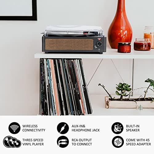 Vinyl Record Player with Speaker Vintage Turntable for Vinyl Records, Belt-Driven Turntable Support 3-Speed, Wireless Playback, Headphone, AUX-in, RCA Line LP Vinyl Players for Sound Enjoyment Black — view 5