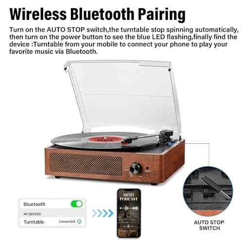 Vinyl Record Player Turntable with Built-in Bluetooth Receiver & 2 Stereo Speakers, 3 Speed 3 Size Portable Retro Record Player for Entertainment and Home Decoration — view 2