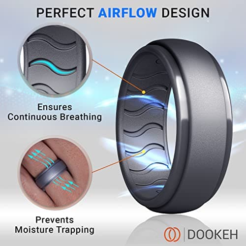 Dookeh Breathable Mens Silicone Wedding Rings, Rubber Ring Bands For Men, Black Blue Camo Engagement Band, Best for Workout, 1-4-7 Pack (W3-Titanium,Dark Gray,Cast Iron,Black, size 11)
