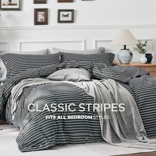 JELLYMONI Pinstriped 100% Washed Cotton Linen Like Duvet Cover Set, 3 Pieces Luxury Soft Bedding Set with Buttons Closure, Grey Stripes Pattern Printed Duvet Cover Queen Size(No Comforter) — view 6
