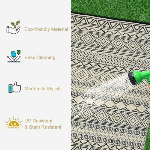 Garvee Waterproof Boho Outdoor Rug 9x12, Reversible Plastic Straw Rug for Picnic, Patio Camping Rugs, Large Foldable Outdoor Carpet for Balcony, Portable Deck Mat for RV Deck Backyard Beach — view 3