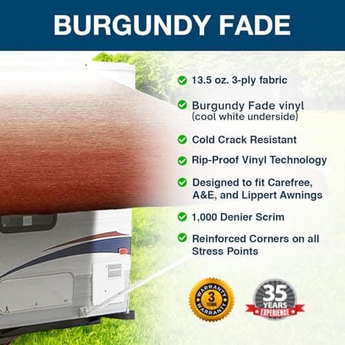ShadePro - RV Awning Fabric Replacement - Premium Grade Weatherproof Vinyl - Universal Outdoor Canopy for Camper, Trailer, and Motorhome Awnings - Burgundy Fade - 15' (Fabric 14' 2") — view 2
