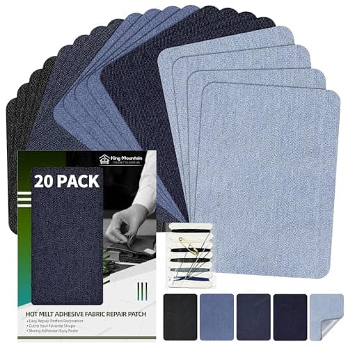 KING MOUNTAIN Iron-on Repair Patch 20 Pcs Pack, 100% Cotton Denim Iron-on Repair Patch, 5 Shades of Blue, Jeans and Clothing Repair and Decoration Kit, Size 3"x4-1/4"(7.5 cm x 10.5 cm)