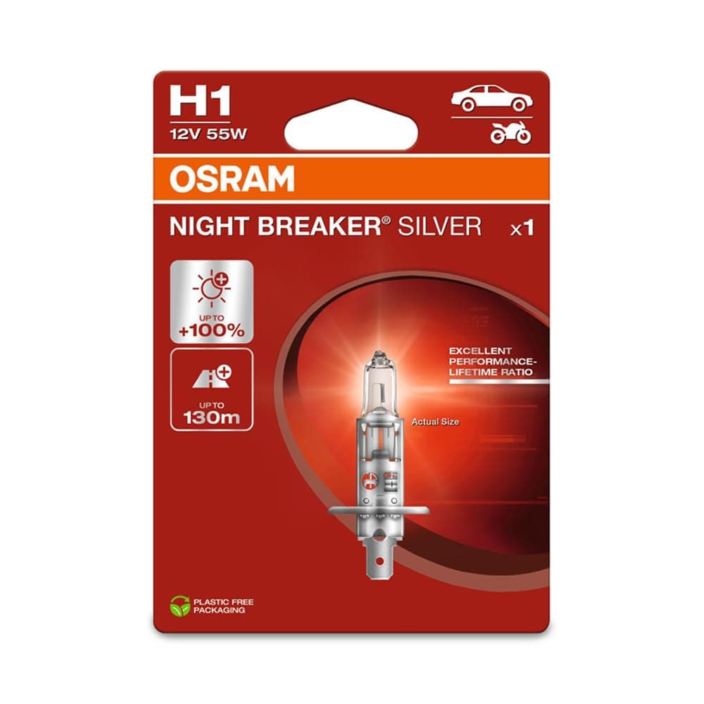 OSRAM NIGHT BREAKER® SILVER, H1, halogen headlight lamp, Single Blister (1 lamp)