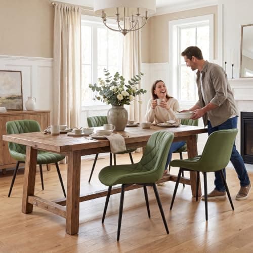 YOUNUOKE Dining Chairs Set of 2, Mid Century Modern Kitchen Chairs with Mid Back and Metal Legs, Upholstered Faux Leather Armless Accent Chairs for Living Room Waiting Room Bedroom, Olive Green — view 3