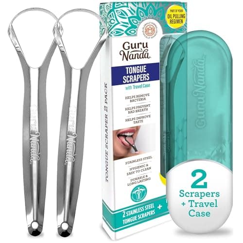 GuruNanda Stainless Steel Tongue Scraper (Pack of 2), Fight Bad Breath, Medical Grade 100% Stainless Steel Tongue Cleaner, Tongue Scraper For Adults and Kids, Great For Oral Care, Travel Friendly