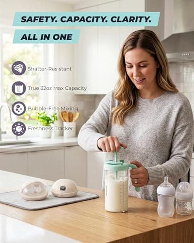 Borosilicate Glass Formula Mixing Pitcher – 32oz True Mixing Capacity, Time Dial for Freshness Tracking, Dishwasher-Safe, BPA-Free Lid, Perfect for Breastmilk Pitcher Method & Multi-Baby Feeding, Blue