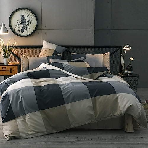 LifeTB Cotton Plaid Duvet Cover Full Size Geometric Grid Checkered Bedding Sets Modern Style 3 Piece Comforter for Men Women with Zipper Ties Full(80''x90'')