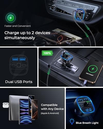 LENCENT FM Transmitter, Bluetooth FM Transmitter Wireless Radio Adapter Car Kit with Dual USB Charging Car Charger MP3 Player Support TF Card & USB Disk — view 4