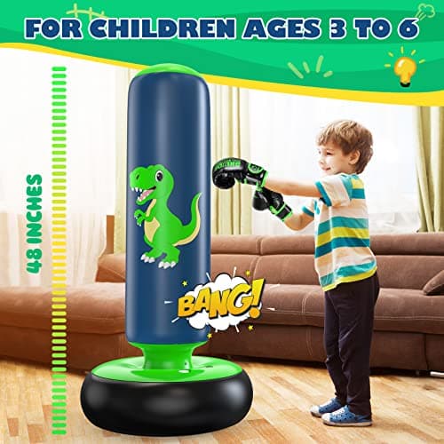QPAU Inflatable Punching Bag, 48 Inch Stable Inflatable Boxing Bag for 3-6 Kids, Dinosaur Toy & Gifts for Boys and Girls, Kids Boxing Set for Practicing Karate, Taekwondo — view 3