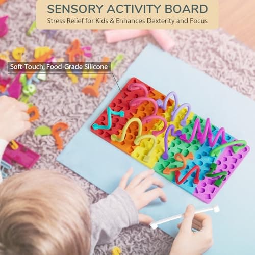 Sensory Activity Board for Kids Boys Girls, Fidget Toys for Stress Anxiety Autistic ADHD, Calm Down Travel Airplane Essentials Toys for 3+ Year Old, Portable Travel Storage Box & 14 Strings