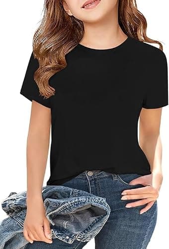 Haloumoning Girls Short Sleeve T Shirts Kids Summer Tops Crewneck Tees 5-14 Years, Black, 7-8 Years