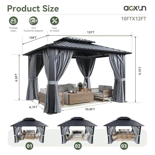 Aoxun 10x12 Gazebo Hardtop Gazebo with Double Galvanized Steel Roof Outdoor Pavilion with Breathable Netting and Privacy Curtain for Backyard (Gray) — view 4