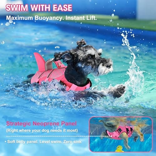 Dogcheer Dog Life Jacket Shark, Neoprene Harness Dog Life Vest with Lift Handle, Reflective Adjustable Pet Swim Float Vest for Small Medium Large Dogs - Pink Scales, M