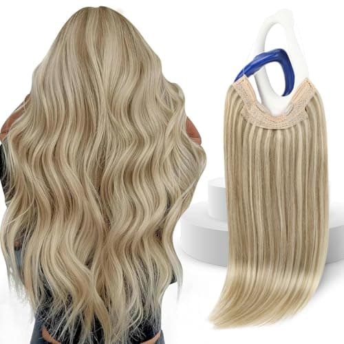 Sunny Hair Wire Hair Extensions for Women Straight Fish Line Human Hair Extensions Invisible Wire Extensions Easy to Apply Dark Ash Blonde Highlights Golden Blonde 18inch 85g