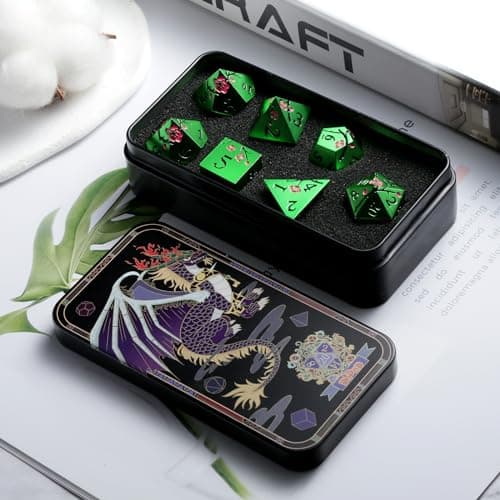 Matt Green Metal Dice Set, DNDND 7 PCS Heavy Metallic D&D Dice Set with Gorgeous Gift Case for Dungeons and Dragon Tabletop Game (Matte Green with Pink Flower) — view 3