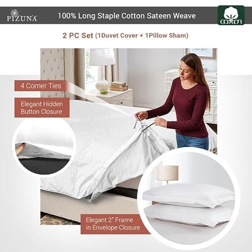 Pizuna Pure 100% Cotton Twin Duvet Cover with Shams, Luxurious 400 Thread Count Long Staple Cotton Sateen Weave with Hidden Button Closure (Combed White Cotton Duvet Covers Twin) — view 2