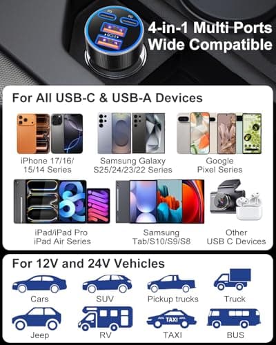 USB C Car Charger, 3 Pack 90W 4-Port Dual 45W Super Fast Car Phone Charger PD/QC 3.0 Fast Charging 12V Cigarette Lighter Adapter Plug for iPhone 17 16e 15 14 Pro Max, Galaxy S26 S25, Android — view 5