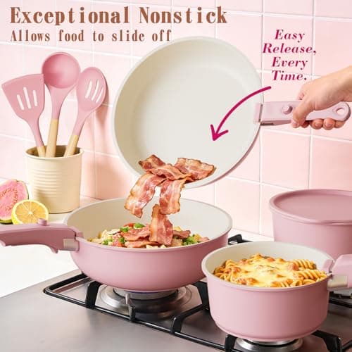 Umite Chef Pots and Pans Set Non Stick, 21 pcs Nonstick Ceramic Cookware Set, RV Kitchen Cooking Set with Detachable Handles, Oven Safe, Induction Cookware, Stackable, Pink, PFAS PFOA & PTFE Free — view 3