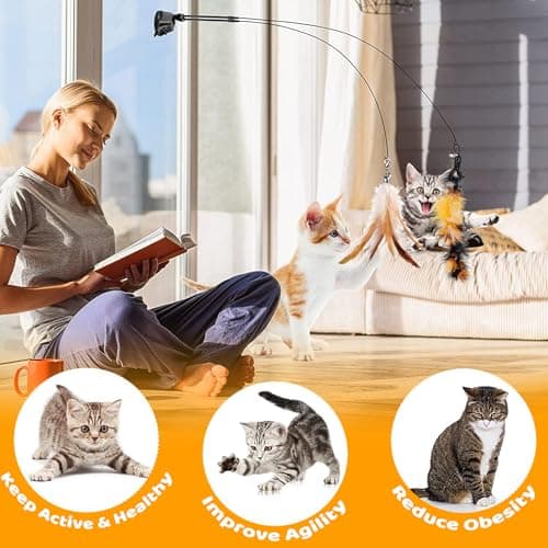 Cat Feather Toys, 12 PCS Cat Toys with 2 Slots Super Suction Cup, Detachable 2PCS Cat Wand Toys and 9 PCS Feather Replacements with Bell, Interactive Cat Toy Kitten Toys for Indoor Play Chase Exercise — view 6