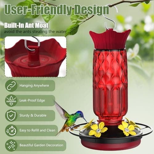 Hummingbird Feeders for Outdoors, Hanging Hummingbird Feeder with 5 Flower-Shaped Feeding Ports, 16 Oz Bird Feeder with Bee Proof & Built-in Ant Moat, Outdoor Garden Decor Gifts for Women Mom — view 3