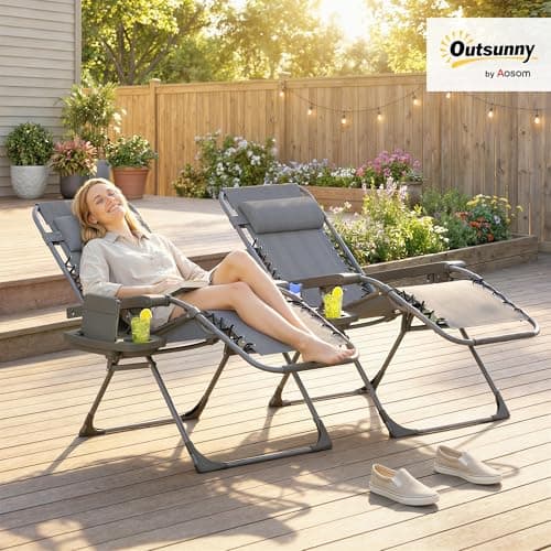 Outsunny Zero Gravity Chair Set of 2, Adjustable Reclining Outdoor Lounge Chair with Cup Holder, Folding Recliner Patio Chairs with Headrest for Patio, Pool, Camping, Dark Grey