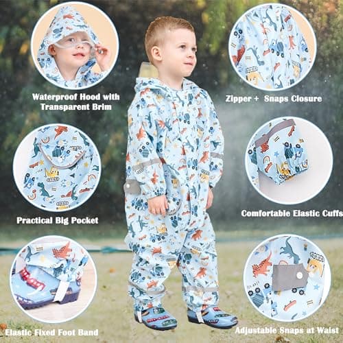 Kids Toddler Rain Suit for Boys Girls One Piece Hoodie Zipper Cartoon Waterproof Coverall Rain Jacket 2-5 Years M Size