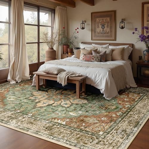 RELEANY Area Rugs 8'x10' Washable Non-Slip, Floral Vintage Distress Medallion Carpet for Living Room Bedroom Dining Room, Terracotta Burnt Orange Green — view 2