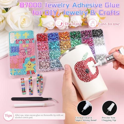 7900Pcs 5mm Resin Rhinestones for Bedazzling, Pink Red Black Flatback Gems for Crafting, Bedazzler Kit with Rhinestones Tools & B7000 Jewelry Glue for DIY Clothing Shoes Tumblers Fabric Mugs Bags — view 4